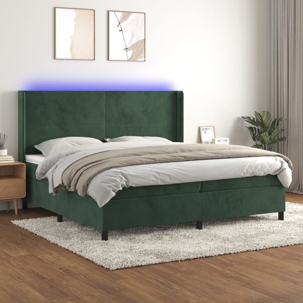 vidaXL Posteľný rám boxsping matrac a LED tmavozelený 200x200 cm zamat