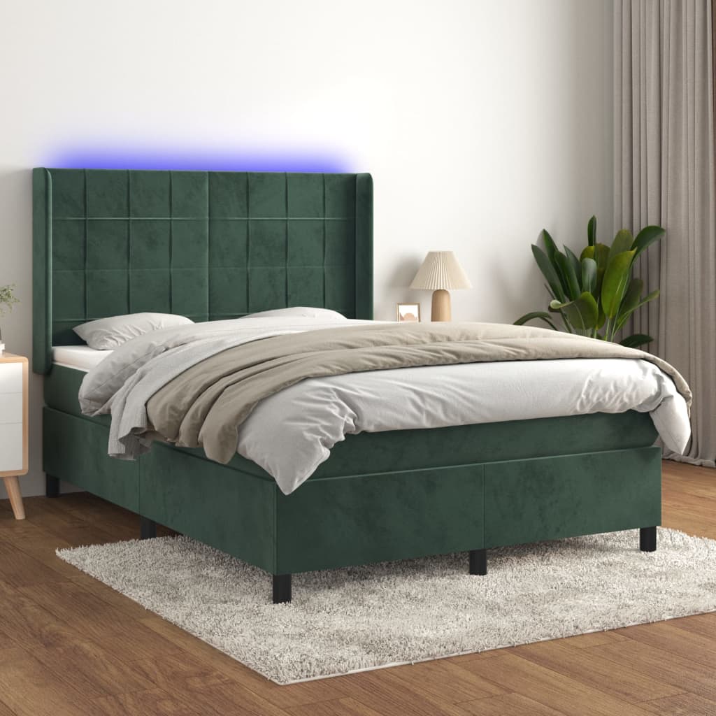 vidaXL Posteľný rám boxsping matrac a LED tmavozelený 140x200 cm zamat