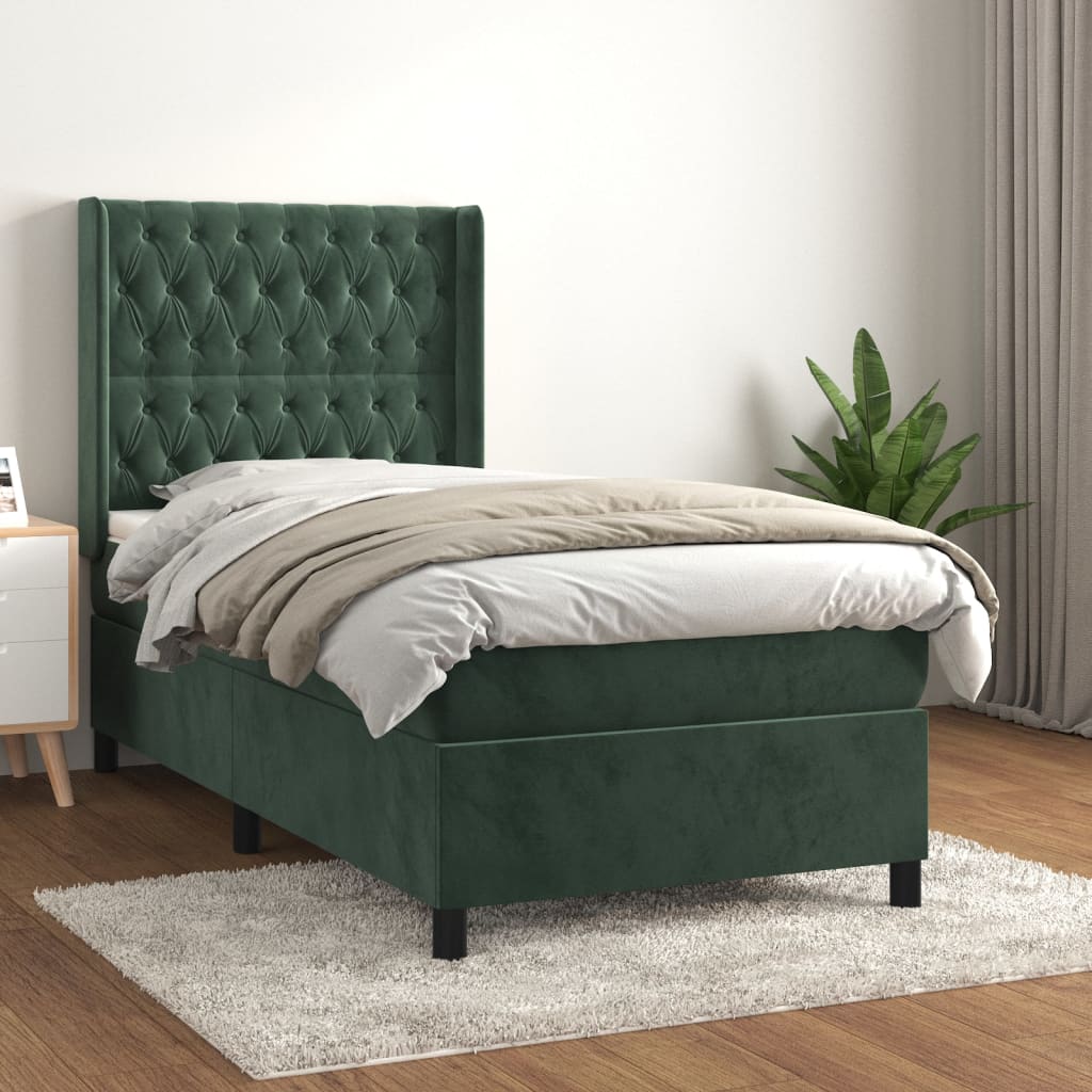 vidaXL Posteľný rám boxsping s matracom tmavozelený 90x200 cm zamat
