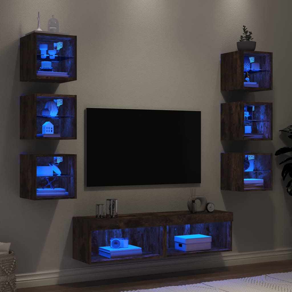 vidaXL 8-dielne TV nástenné skrinky s LED dymový dub kompozitné drevo