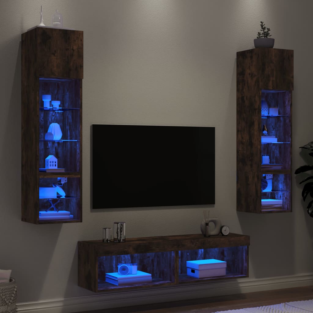 vidaXL 6-dielne TV nástenné skrinky s LED dymový dub kompozitné drevo