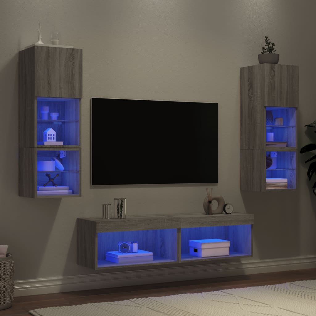 vidaXL 6-dielne TV nástenné skrinky s LED sivé sonoma kompozitné drevo