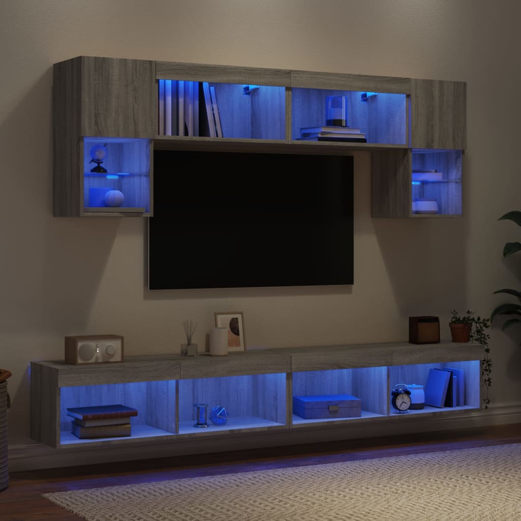 vidaXL 6-dielne TV nástenné skrinky s LED sivé sonoma kompozitné drevo