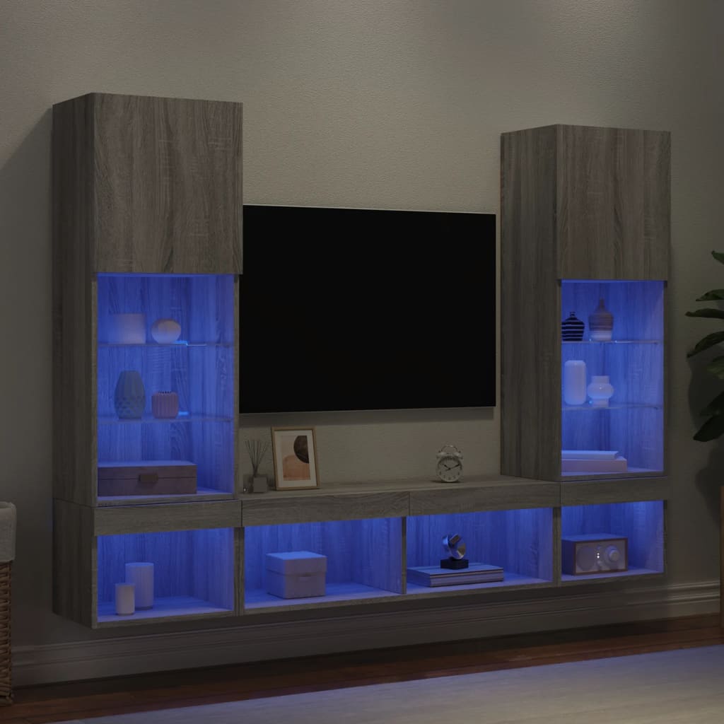 vidaXL 5-dielne TV nástenné skrinky s LED sivé sonoma kompozitné drevo