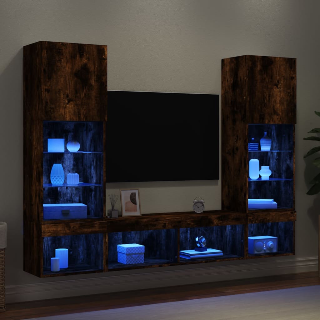 vidaXL 5-dielne TV nástenné skrinky s LED dymový dub kompozitné drevo