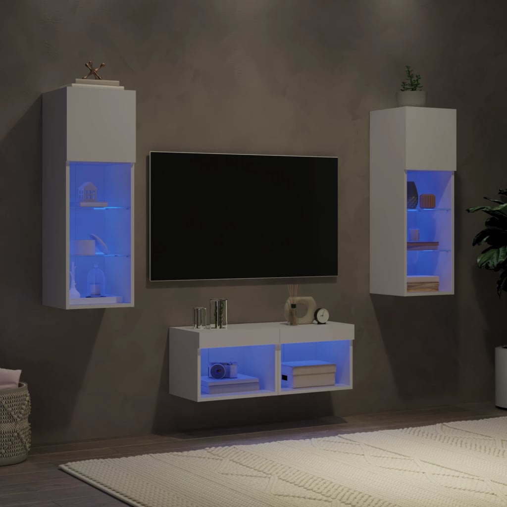vidaXL 4-dielne TV nástenné skrinky s LED svetlami biele