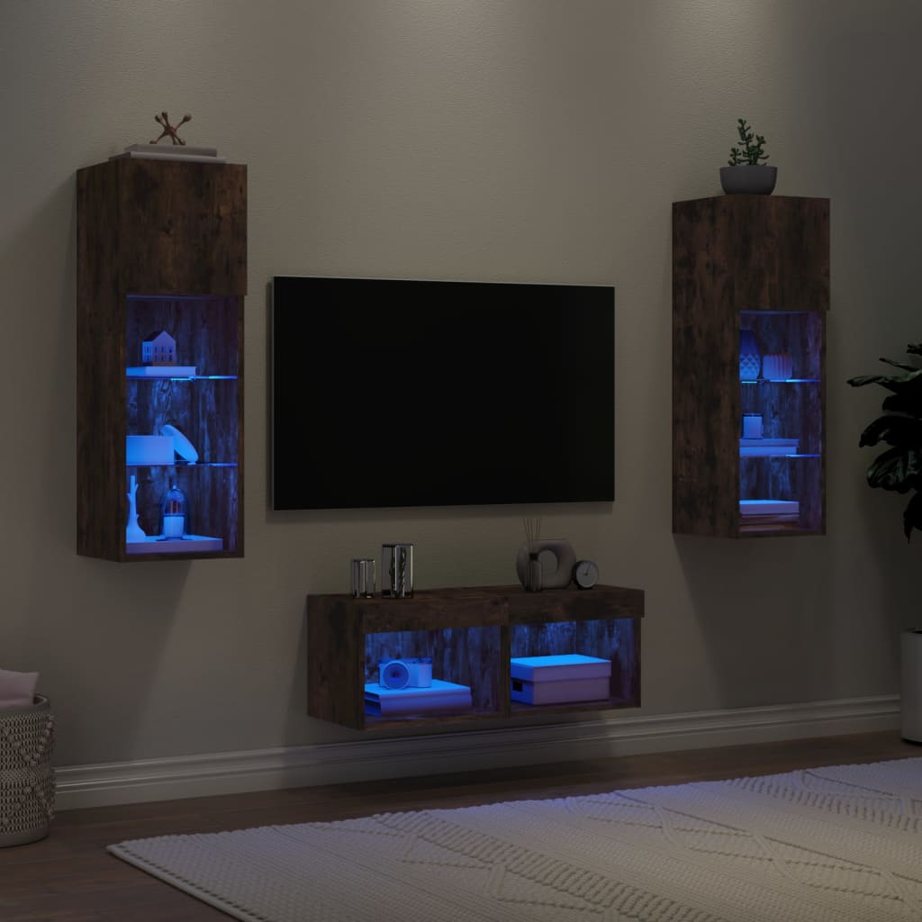 vidaXL 4-dielne TV nástenné skrinky s LED svetlami dymový dub