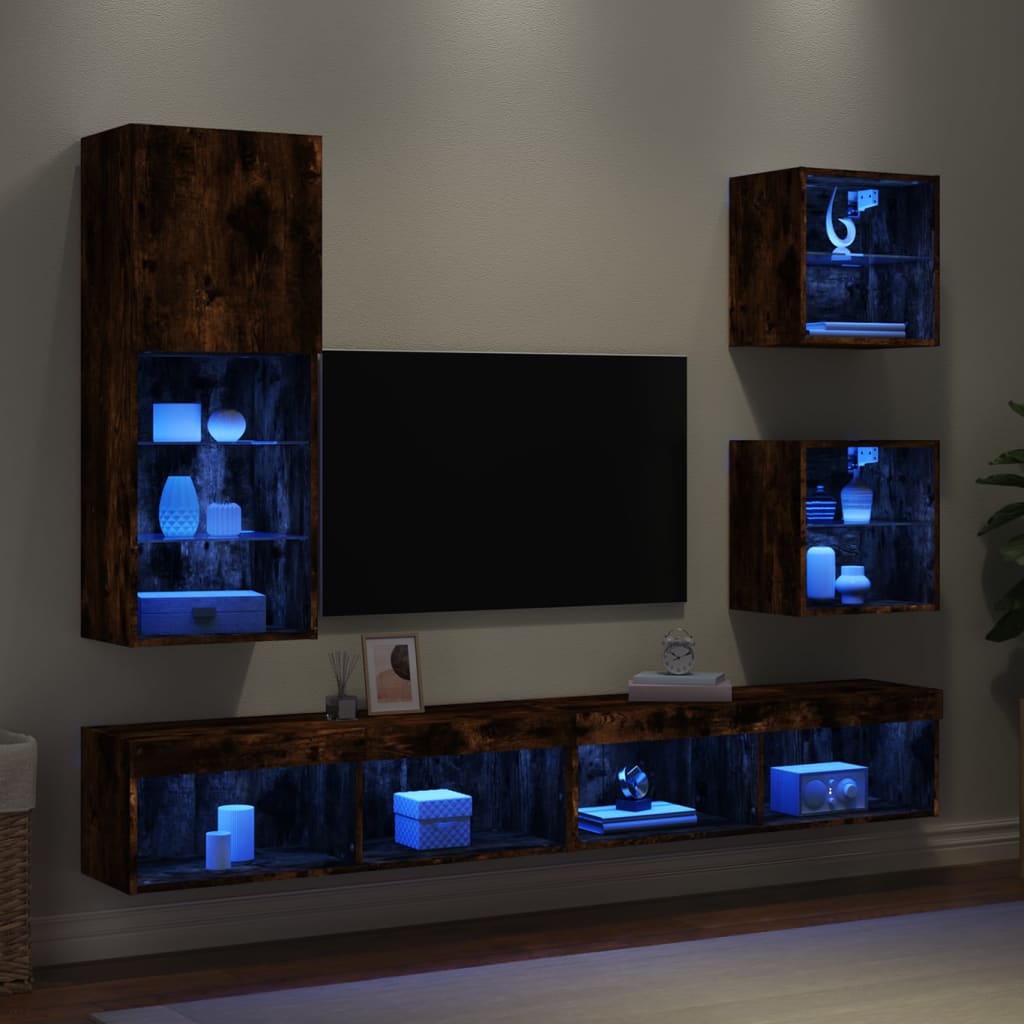 vidaXL 5-dielne TV nástenné skrinky s LED dymový dub kompozitné drevo