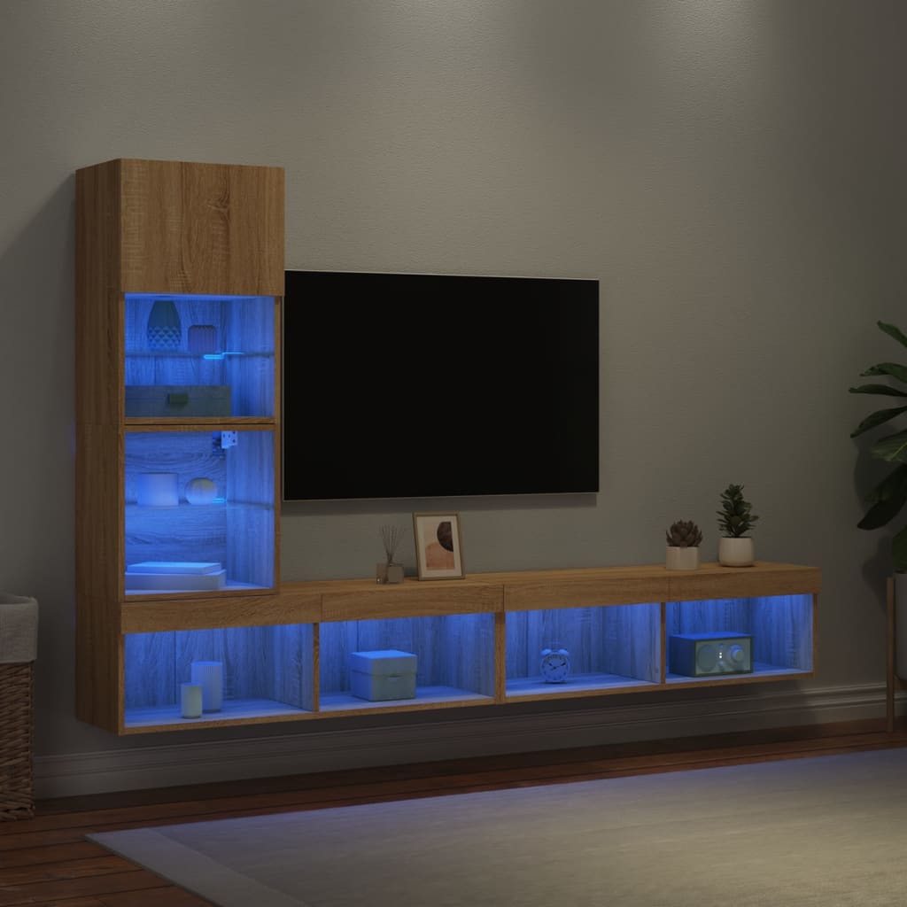 vidaXL 4-dielne TV nástenné skrinky s LED dub sonoma kompozitné drevo