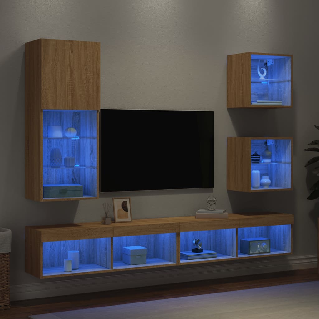 vidaXL 5-dielne TV nástenné skrinky s LED dub sonoma kompozitné drevo