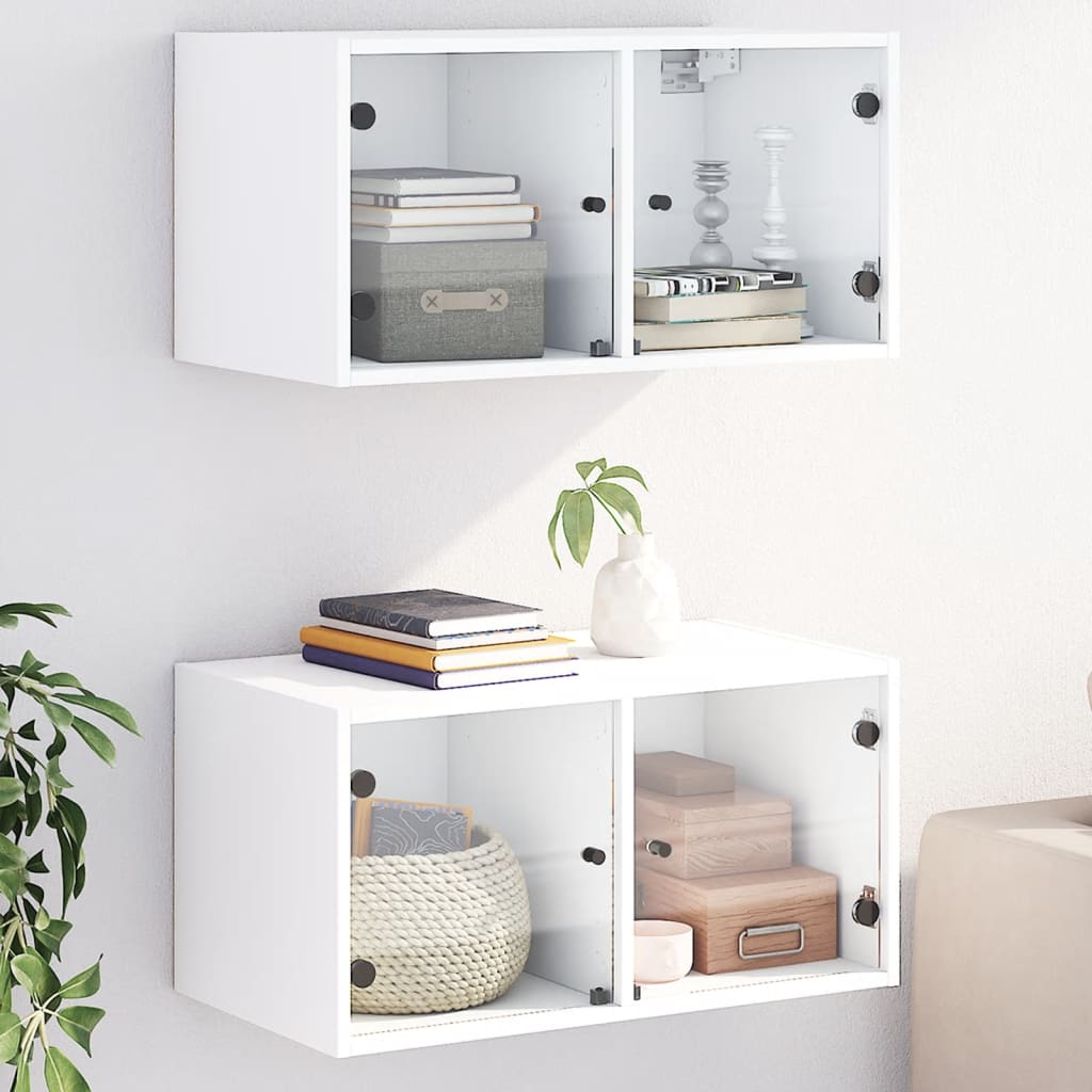 vidaXL Nástenné skrinky so sklenenými dvierkami 2ks biele 68,5x37x35cm