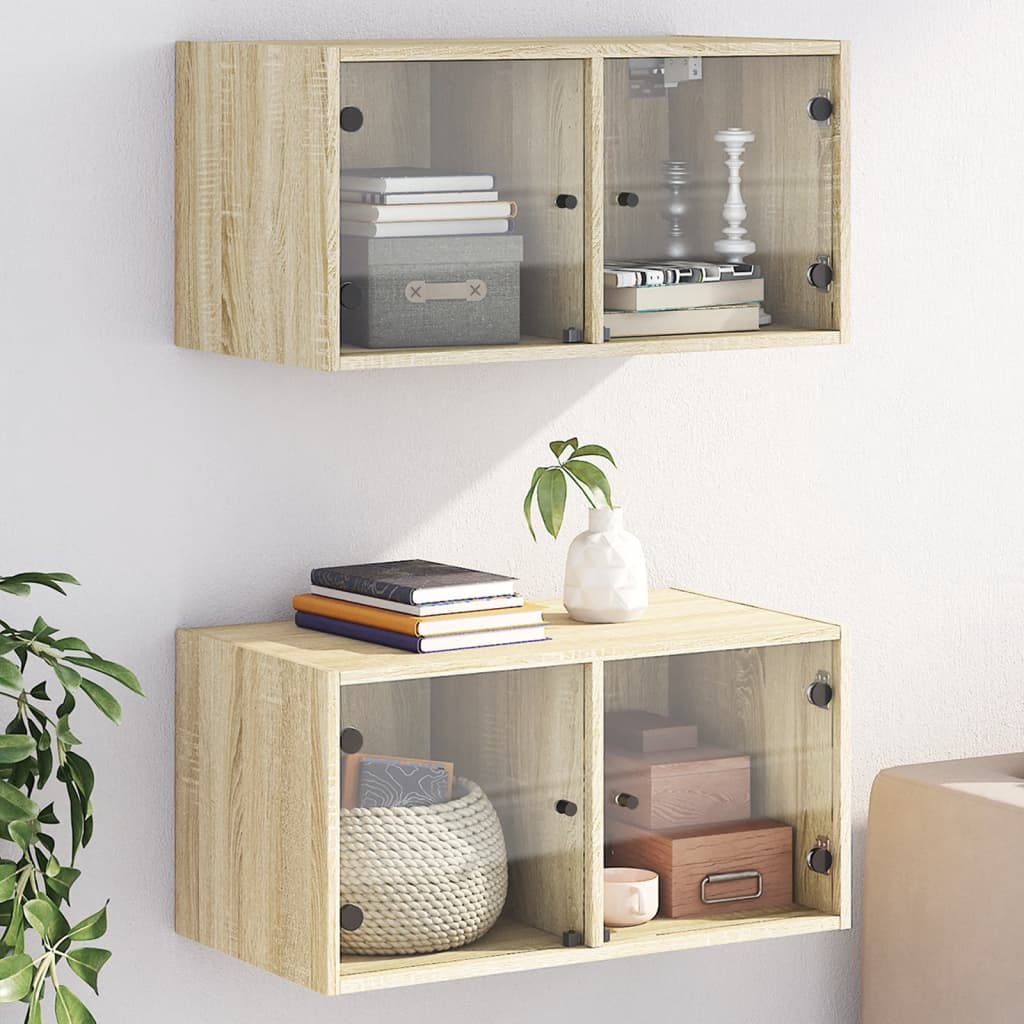 vidaXL Nástenné skrinky sklenené dvierka 2 ks dub sonoma 68,5x37x35 cm