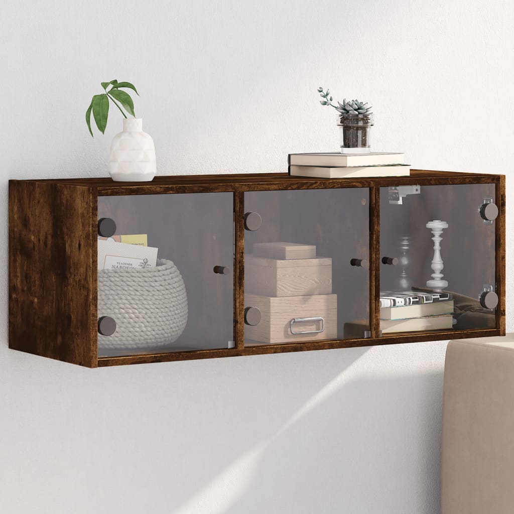 vidaXL Bočná skrinka so sklenenými dvierkami dymový dub 102x37x35 cm