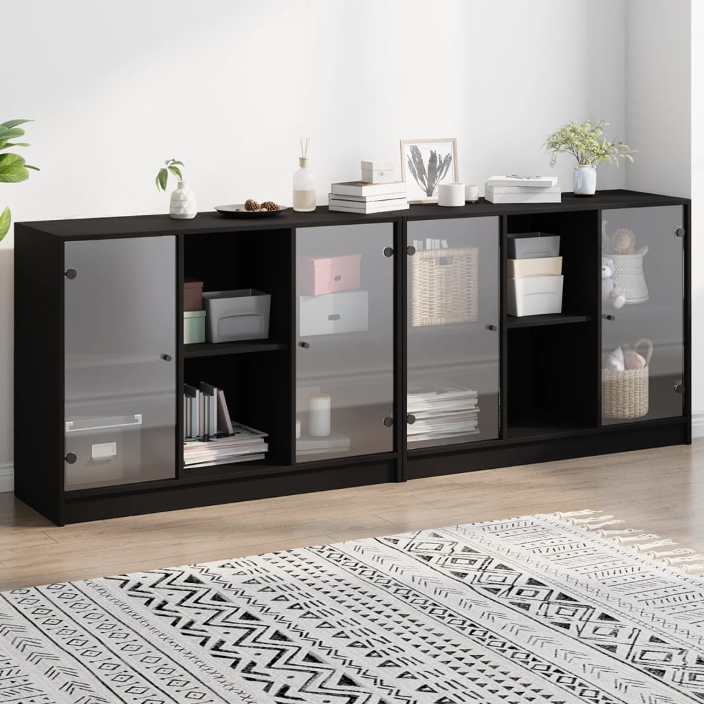 vidaXL Knižnica s dvierkami čierna 204x37x75 cm kompozitné drevo