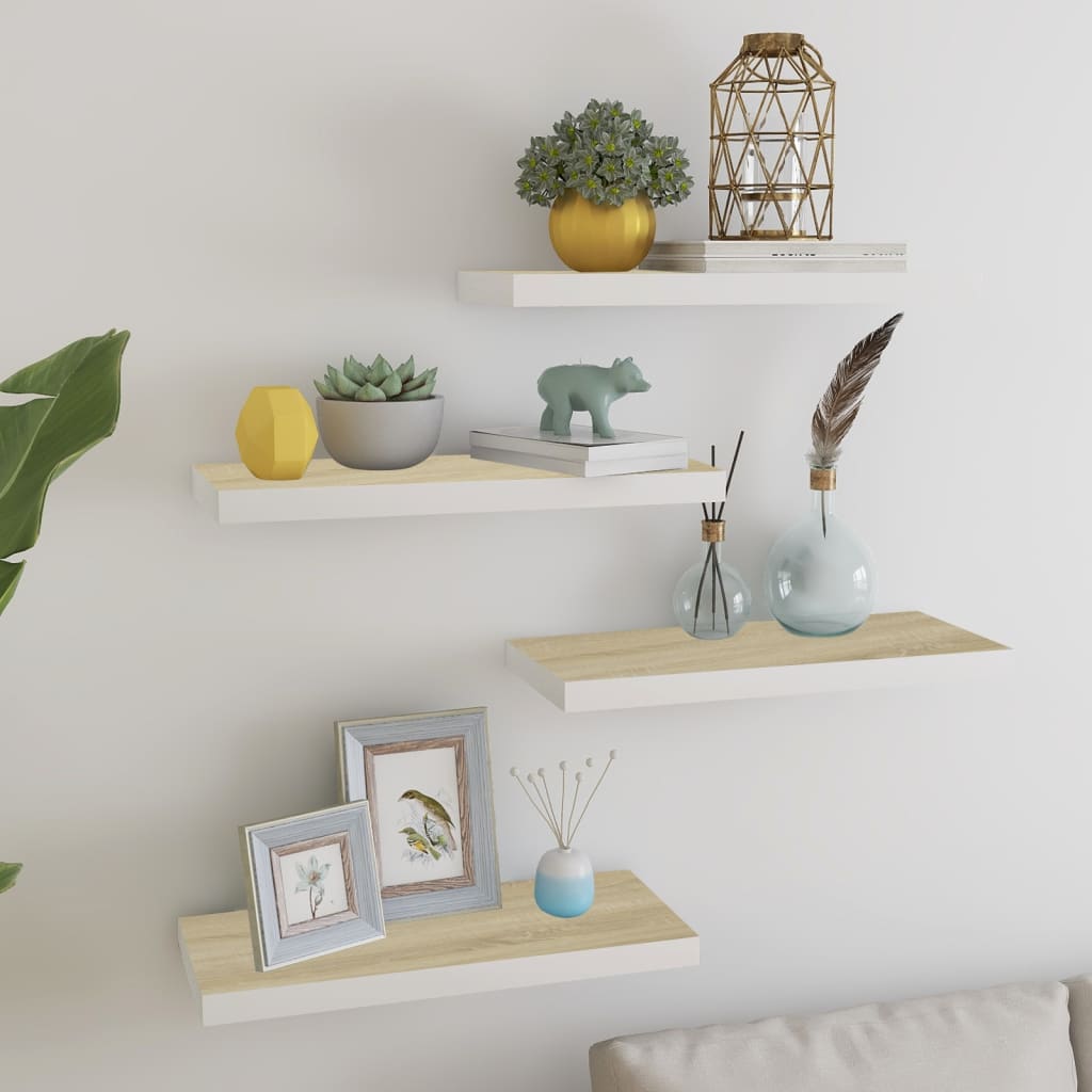 vidaXL Plávajúce nástenné police 4ks dubové a biele 60x23,5x3,8 cm MDF