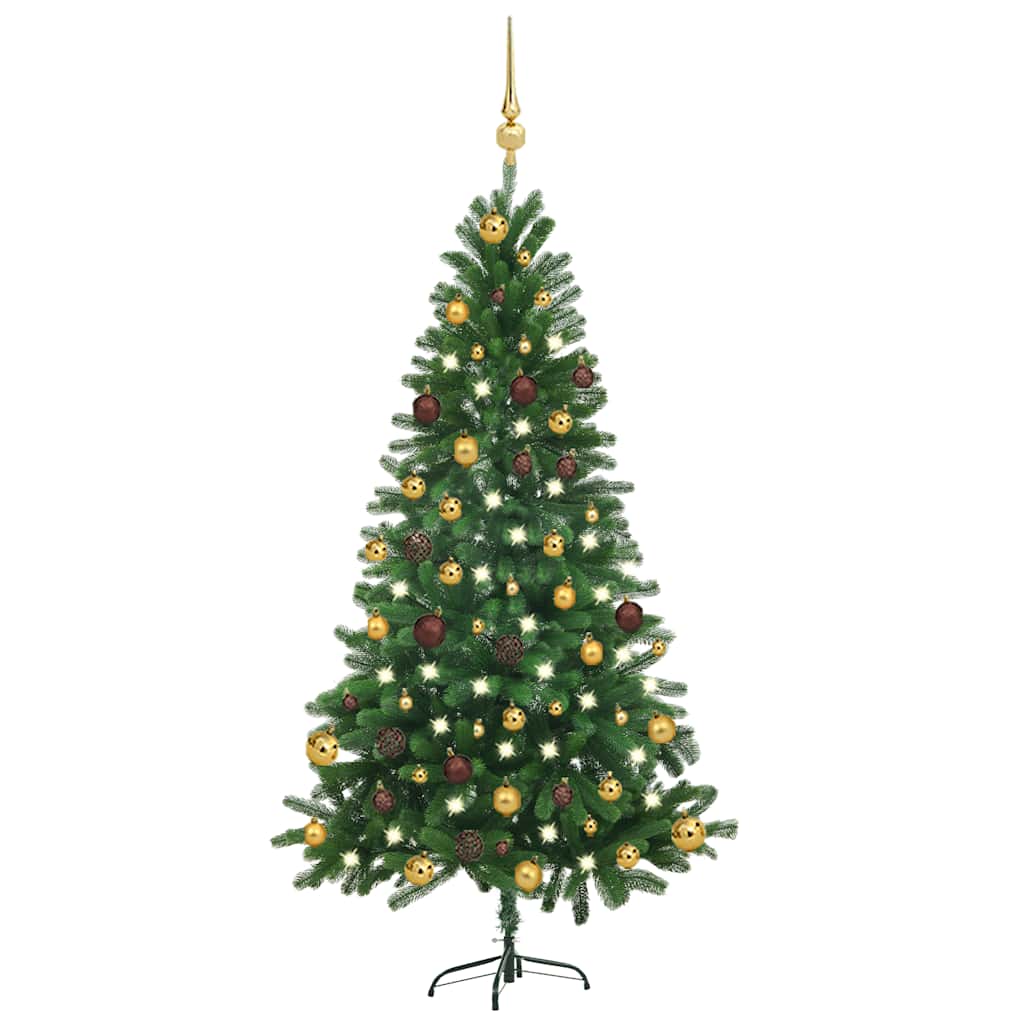 vidaXL Osvetlený umelý vianočný stromček s guľami 150 cm, zelený