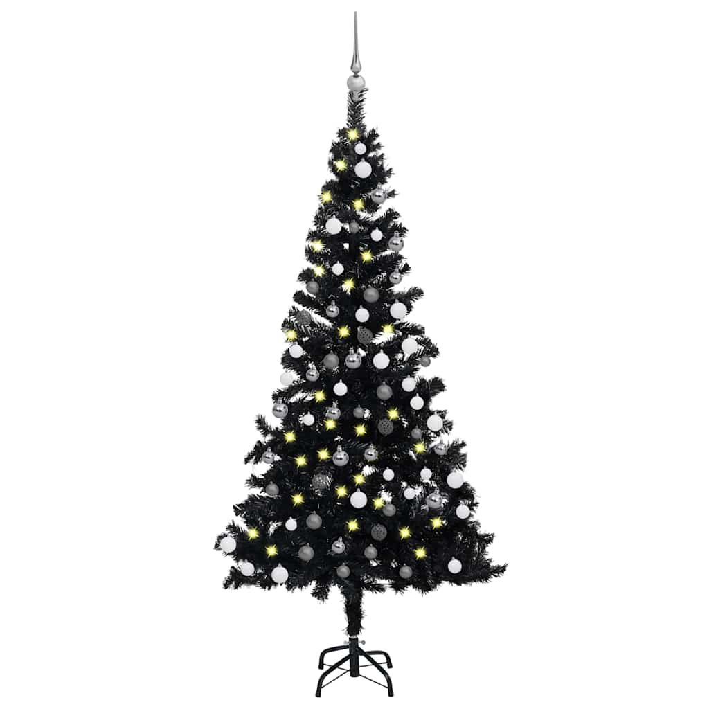 vidaXL Osvetlený umelý vianočný stromček s guľami, čierny 150 cm, PVC