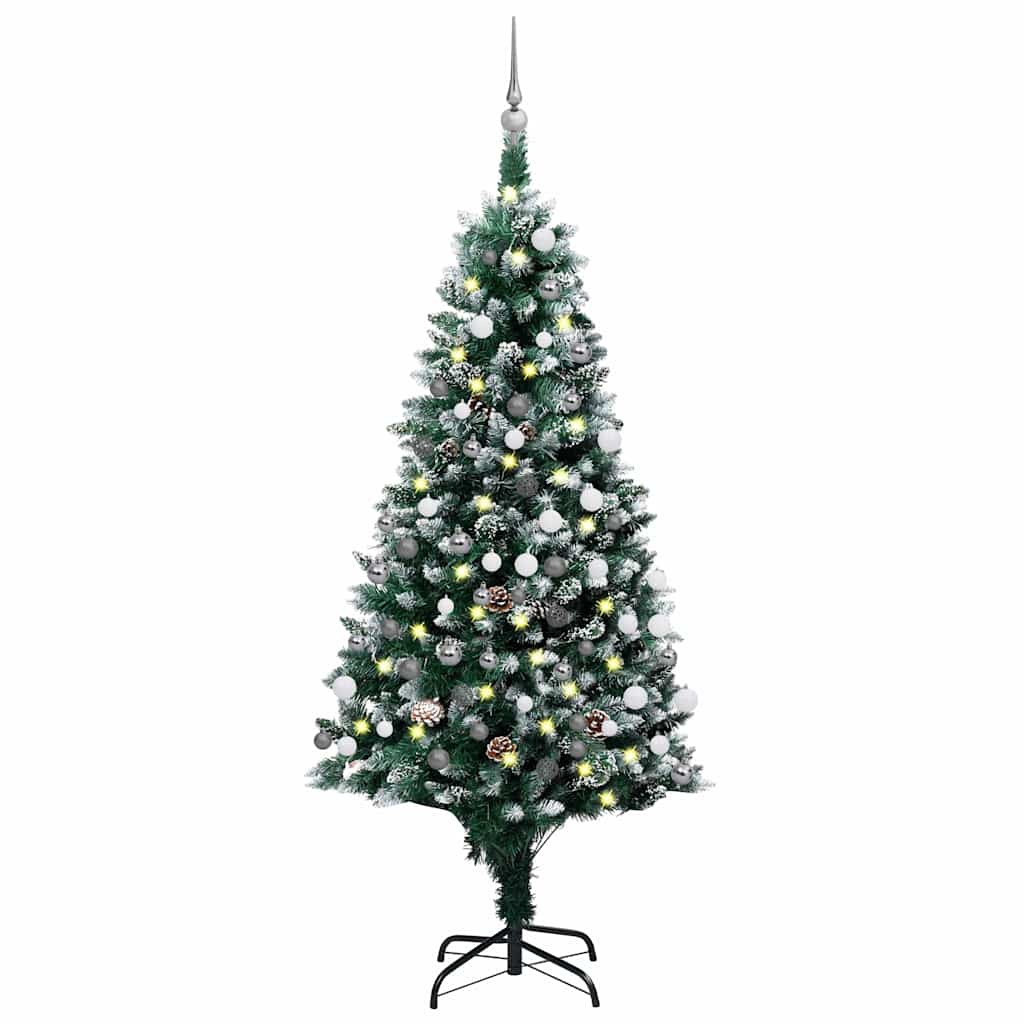 vidaXL Osvetlený umelý vianočný stromček s guľami a šiškami 150 cm