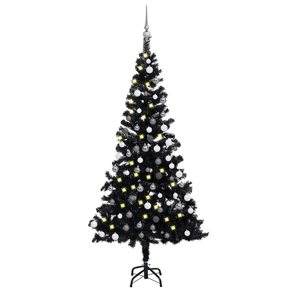 vidaXL Osvetlený umelý vianočný stromček s guľami, čierny 120 cm, PVC