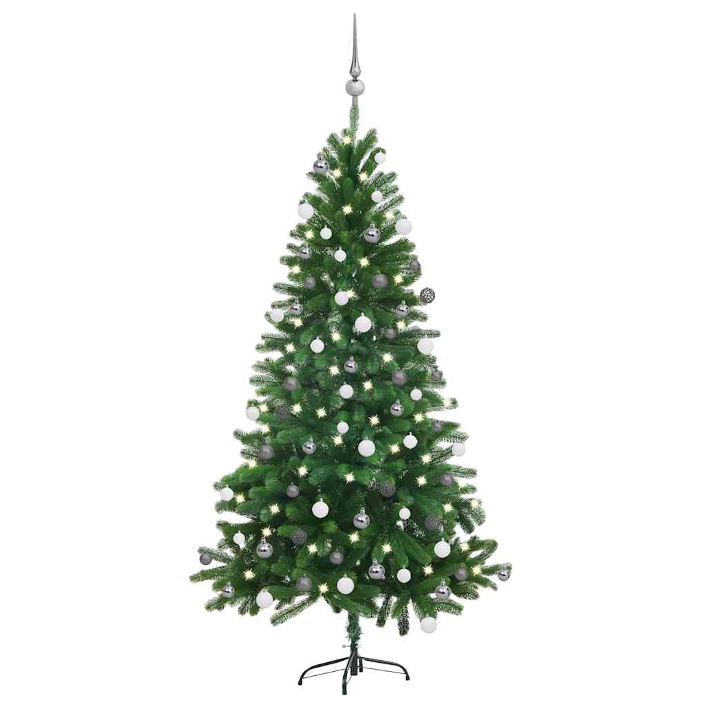 vidaXL Osvetlený umelý vianočný stromček s guľami 150 cm, zelený