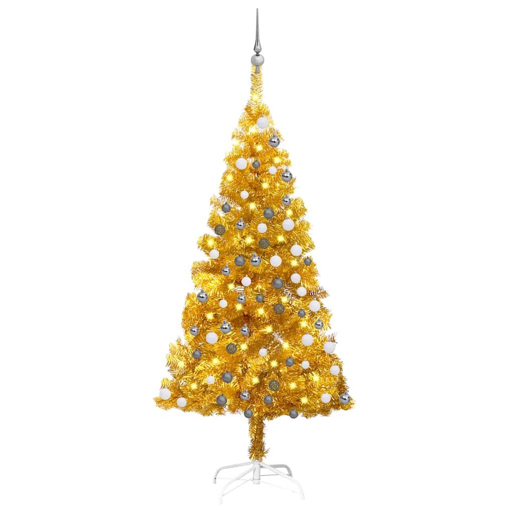 vidaXL Osvetlený umelý vianočný stromček s guľami, zlatý 150 cm, PET