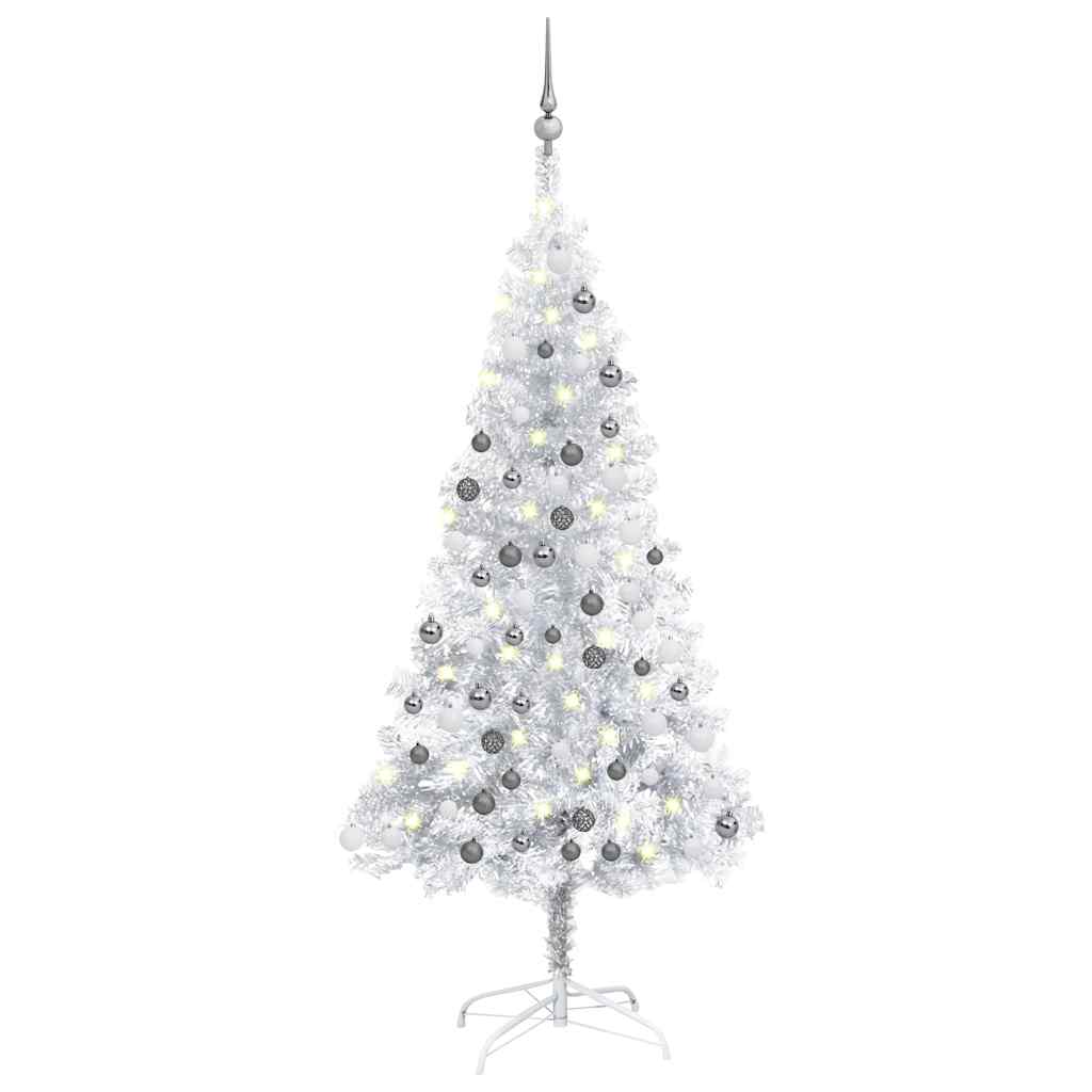 vidaXL Osvetlený umelý vianočný stromček s guľami strieborný 120cm PET