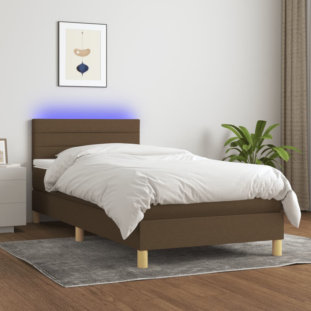 vidaXL Posteľ boxsping s matracom a LED tmavohnedá 90x190 cm látka