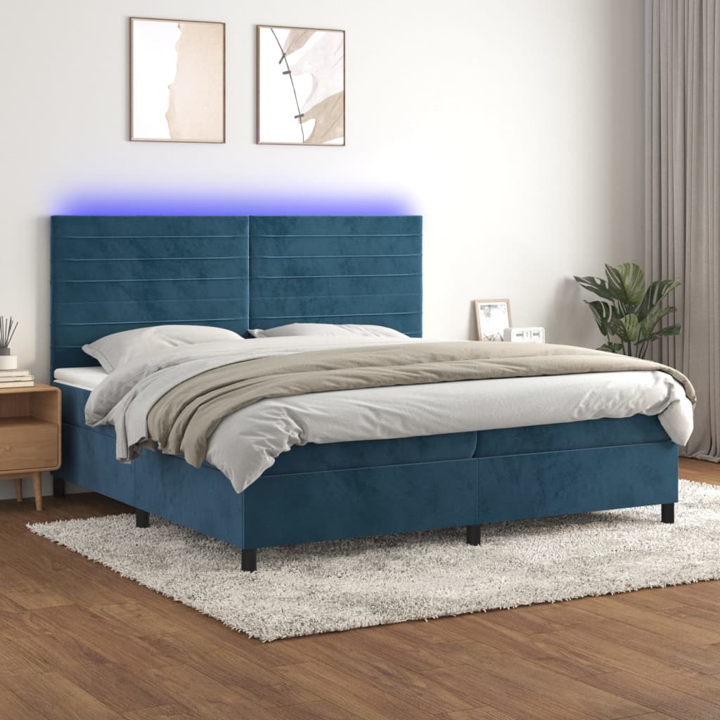 vidaXL Posteľný rám boxsping matrac a LED tmavomodrý 200x200 cm zamat