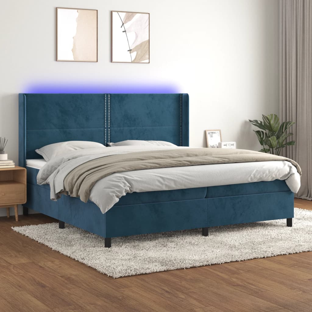vidaXL Posteľný rám boxsping matrac a LED tmavomodrý 200x200 cm zamat