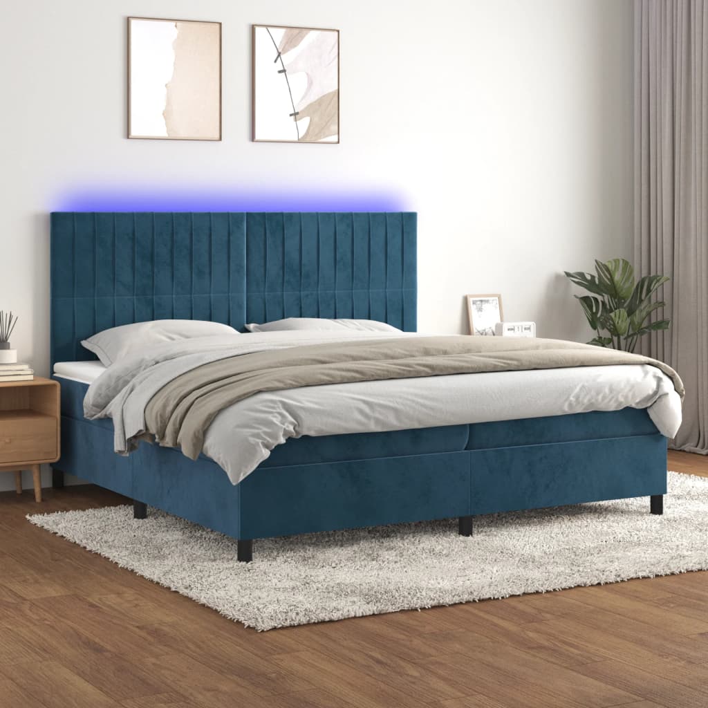 vidaXL Posteľný rám boxsping matrac a LED tmavomodrý 200x200 cm zamat