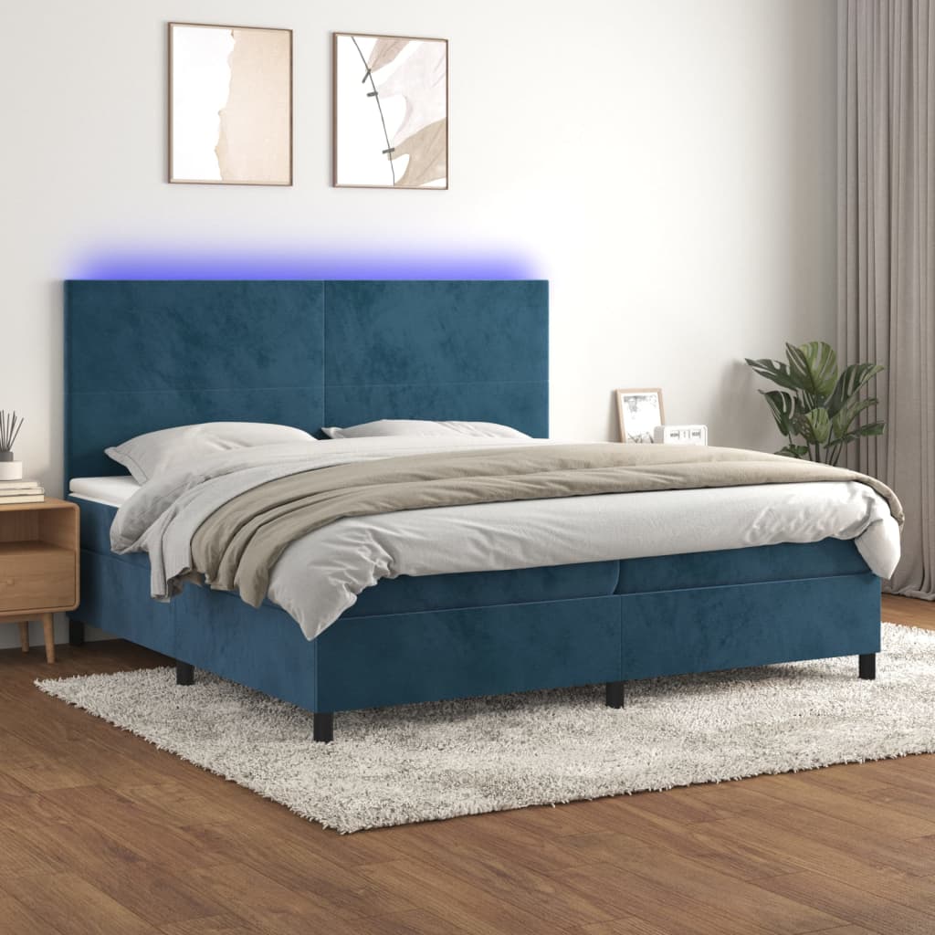 vidaXL Posteľný rám boxsping matrac a LED tmavomodrý 200x200 cm zamat