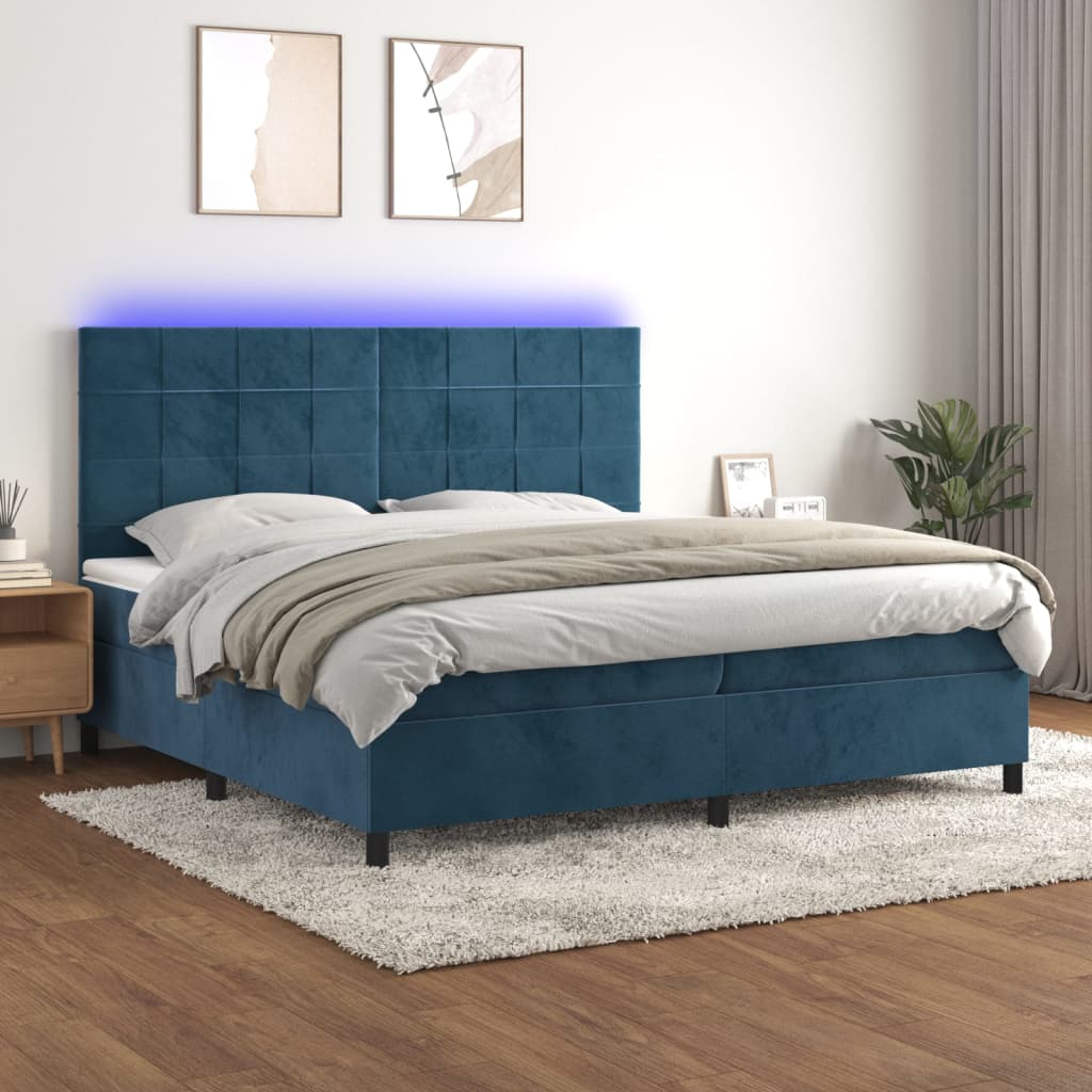 vidaXL Posteľný rám boxsping matrac a LED tmavomodrý 200x200 cm zamat