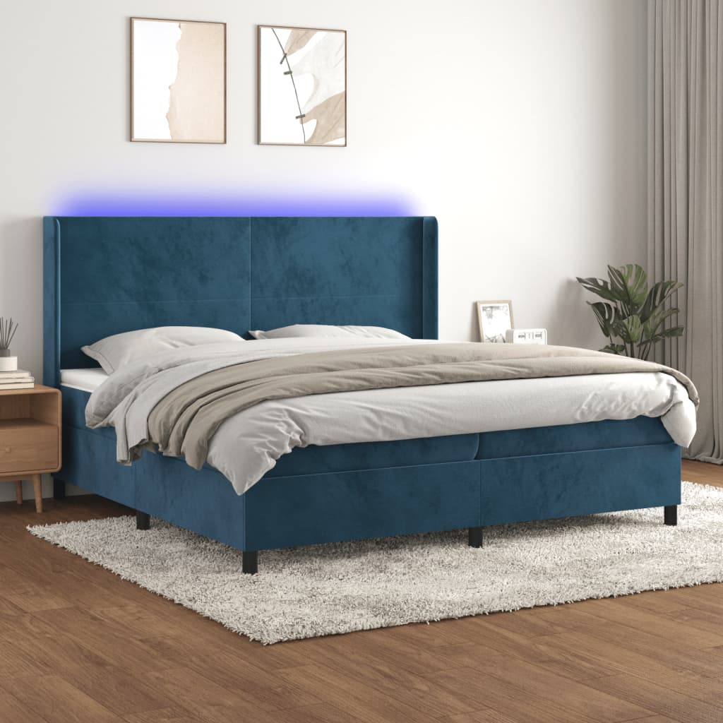vidaXL Posteľný rám boxsping matrac a LED tmavomodrý 200x200 cm zamat