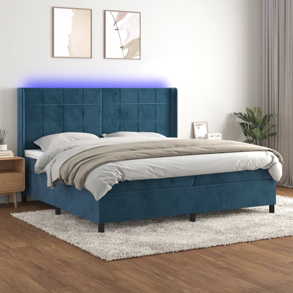 vidaXL Posteľný rám boxsping matrac a LED tmavomodrý 200x200 cm zamat