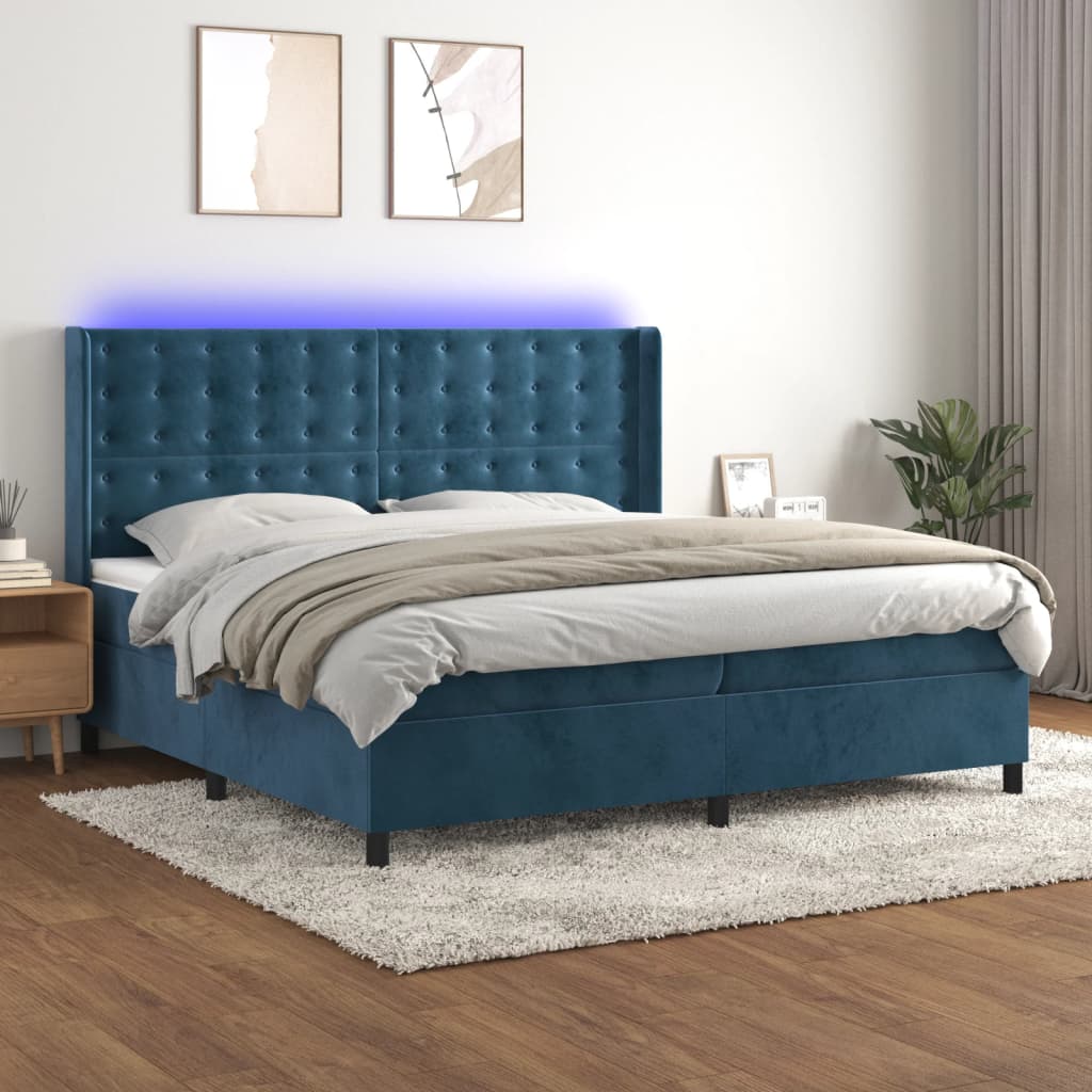vidaXL Posteľný rám boxsping matrac a LED tmavomodrý 200x200 cm zamat