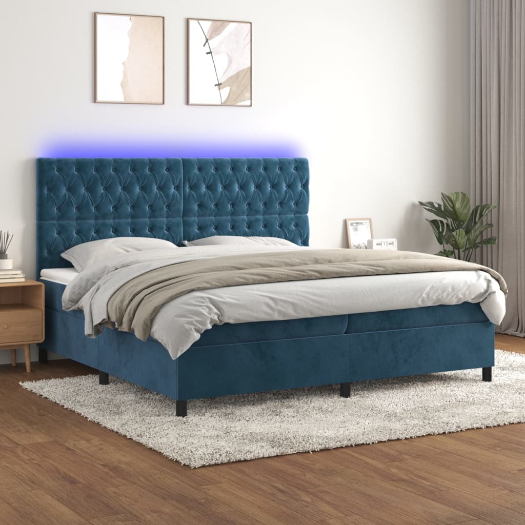 vidaXL Posteľný rám boxsping matrac a LED tmavomodrý 200x200 cm zamat