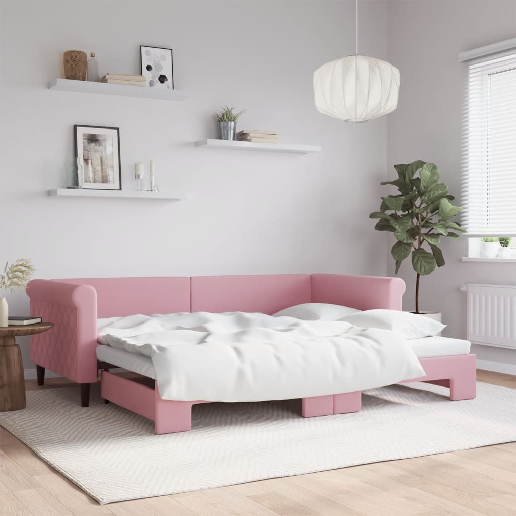 vidaXL Denná posteľ s rozkladacou posteľou ružová 90x200 cm zamat