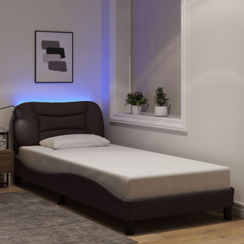 vidaXL Posteľný rám s LED svetlami tmavohnedý 90x190 cm látka
