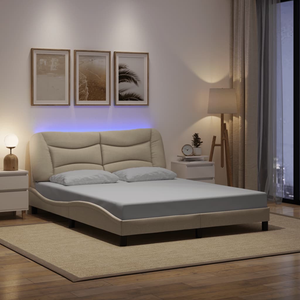 vidaXL Rám postele s LED bez matraca Krémová 160x200 cm Látka