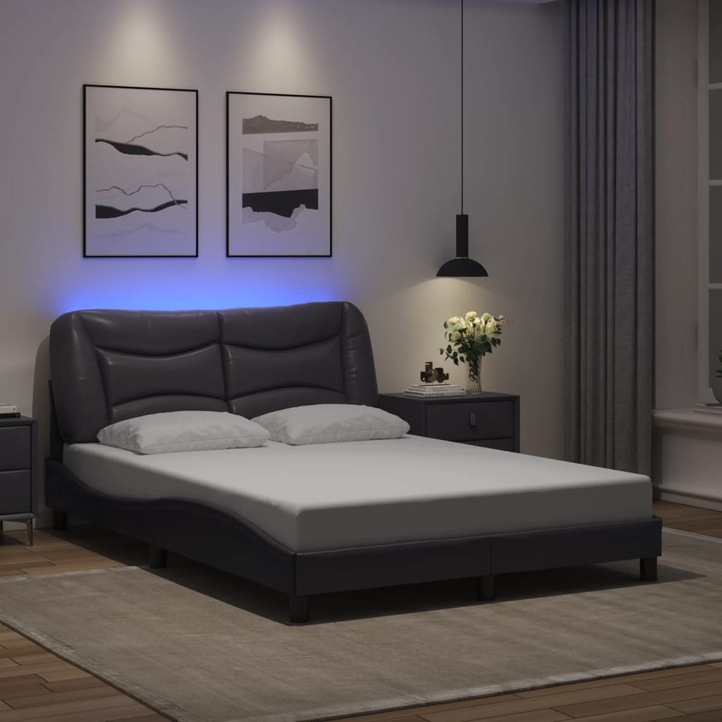 vidaXL Posteľný rám s LED svetlami, sivý 140x190 cm, umelá koža