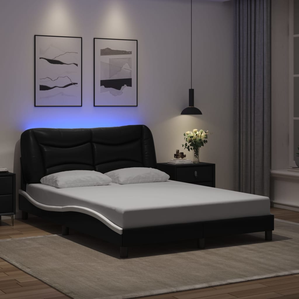 vidaXL Posteľný rám s LED svetlami, čierno biely 140x190cm, umelá koža