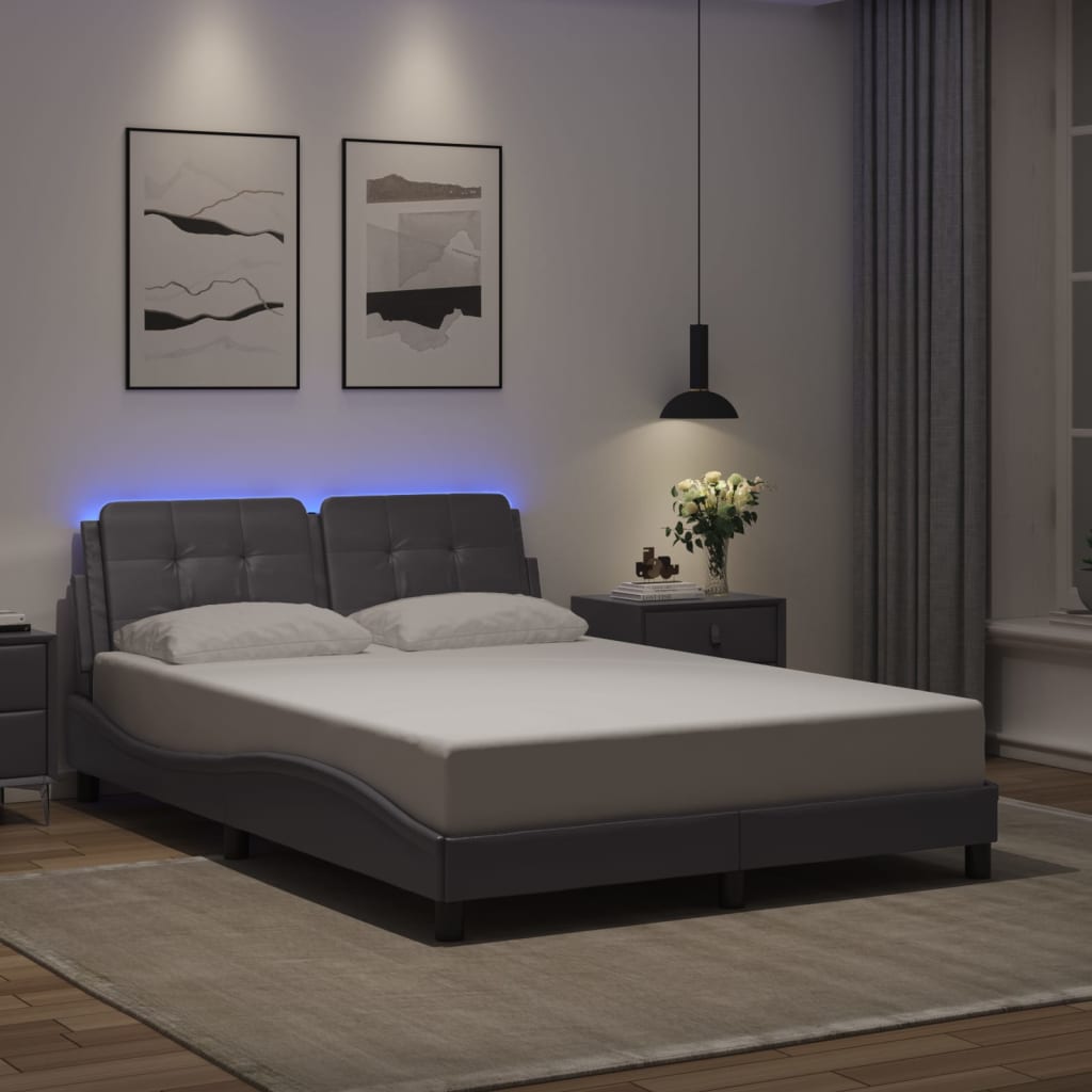 vidaXL Posteľný rám s LED svetlami, sivý 140x190 cm, umelá koža