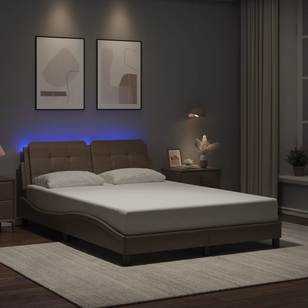vidaXL Posteľný rám s LED svetlami, kapučínový 120x200 cm, umelá koža