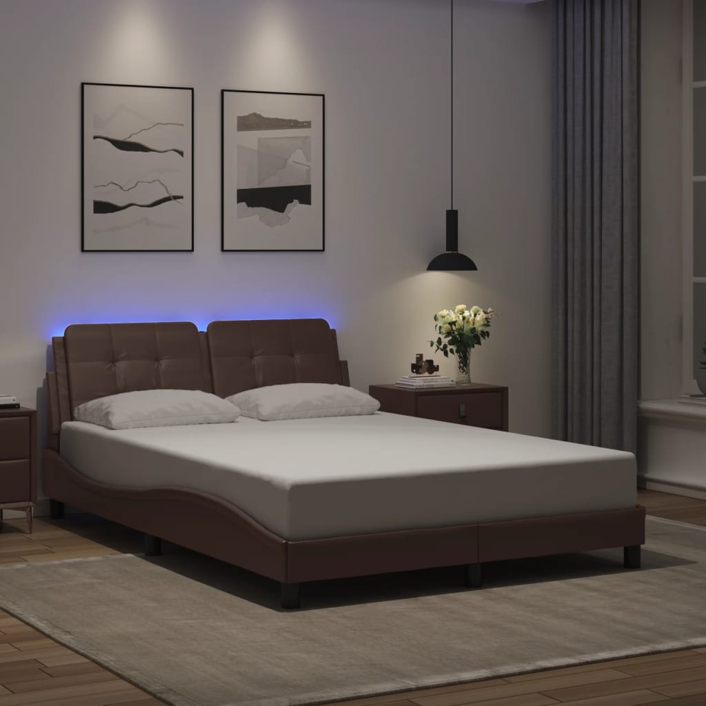 vidaXL Posteľný rám s LED svetlami, hnedý 140x190 cm, umelá koža