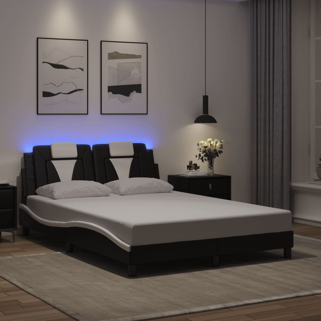 vidaXL Posteľný rám s LED svetlami, čierno biely 140x190cm, umelá koža