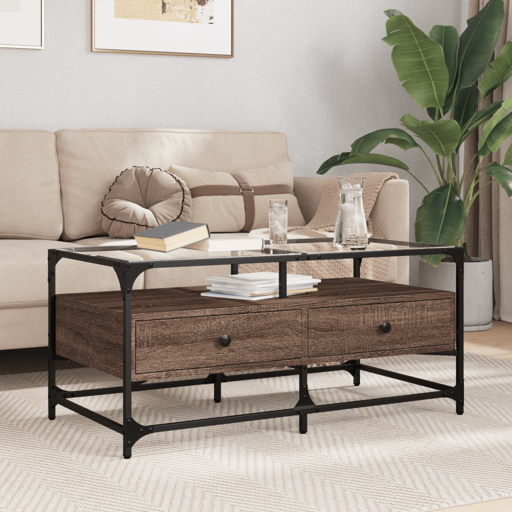 vidaXL Konferenčný stolík sklenená doska hnedý dub 98,5x50x45 cm oceľ