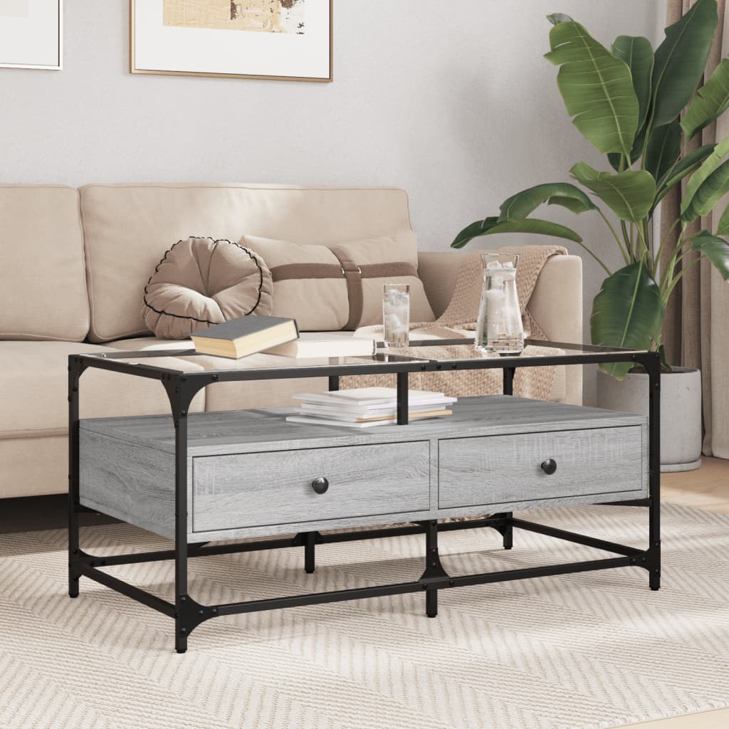 vidaXL Konferenčný stolík sklenená doska sivý sonoma 98,5x50x45cm oceľ