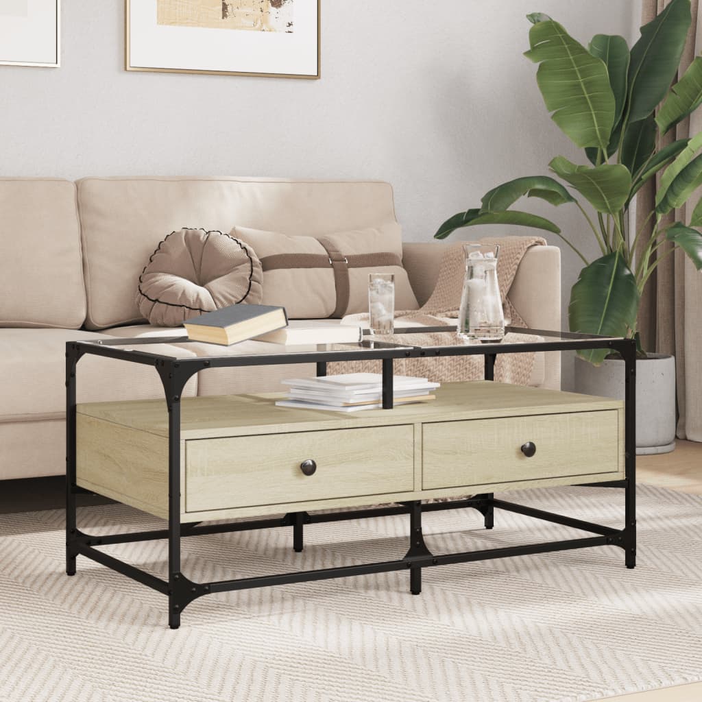 vidaXL Konferenčný stolík sklenená doska dub sonoma 98,5x50x45 cm oceľ