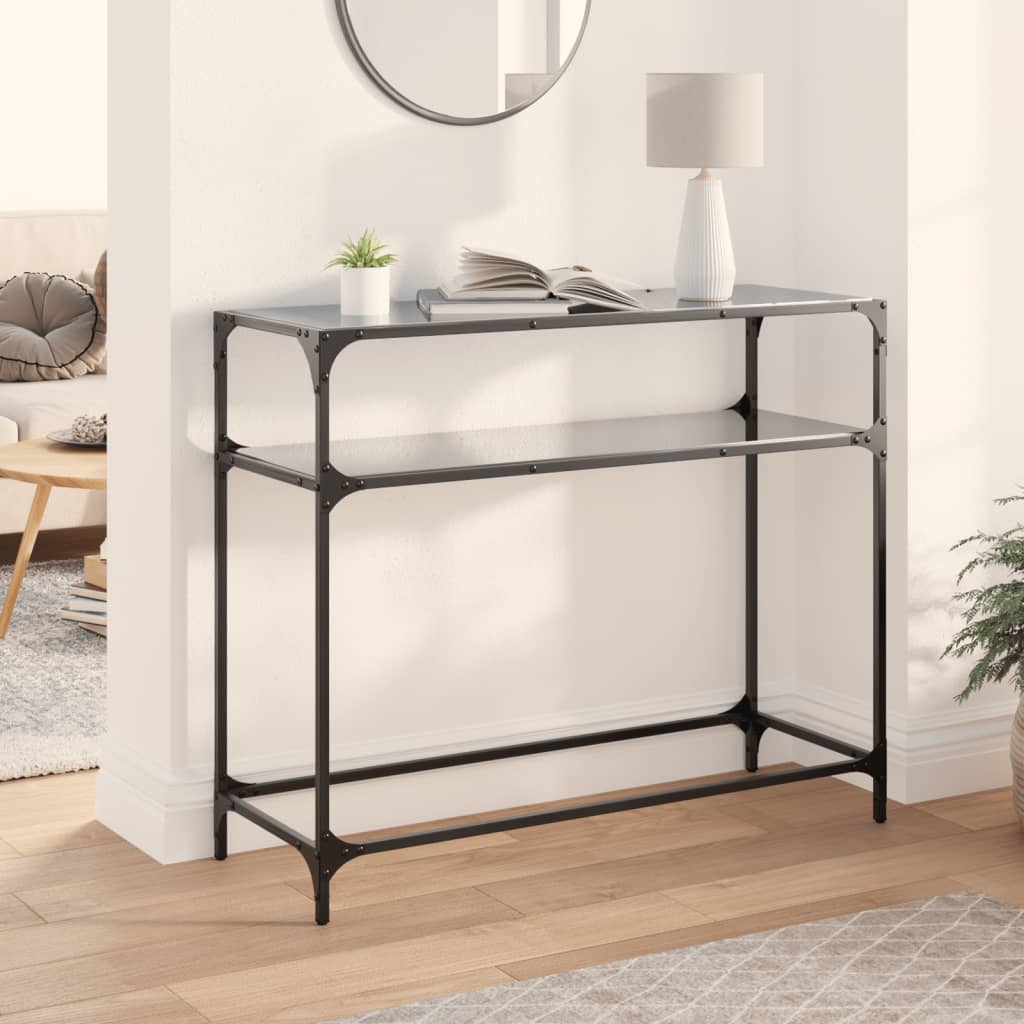 vidaXL Konzolový stolík s čiernou sklenenou doskou 98x35x81 cm oceľ