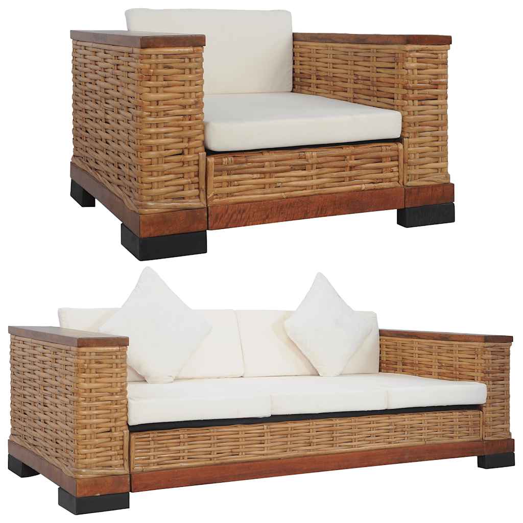 vidaXL 2-dielna sedacia súprava s vankúšmi hnedá prírodný ratan